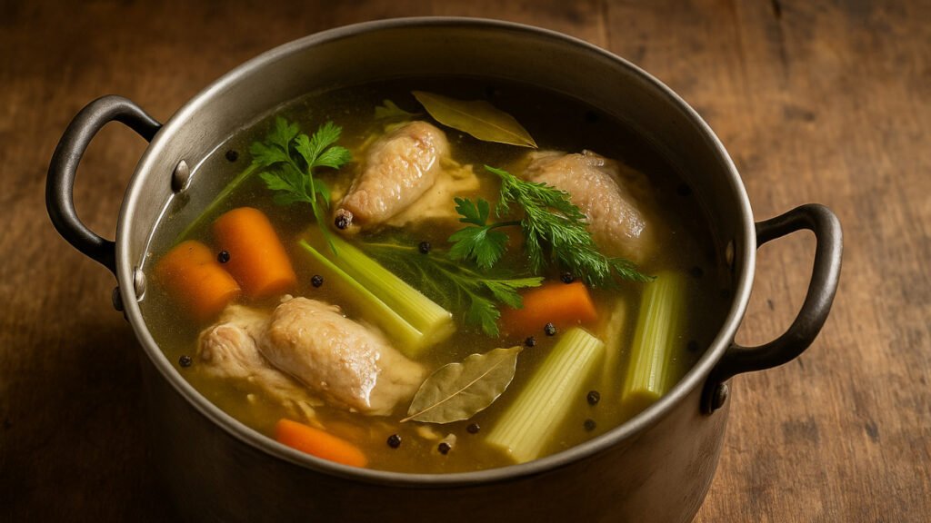 A rustic pot of homemade chicken stock simmering with chicken pieces, carrots, celery, bay leaves, and fresh parsley on a wooden surface, bathed in warm natural light.