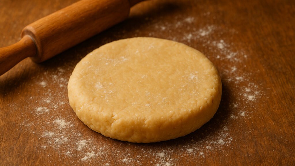Homemade pâte brisée dough formed into a round disk on a lightly floured wooden surface with a rolling pin nearby, bathed in warm natural light — ready to be rolled out for a cozy fall chicken pot pie baked inside a pumpkin.