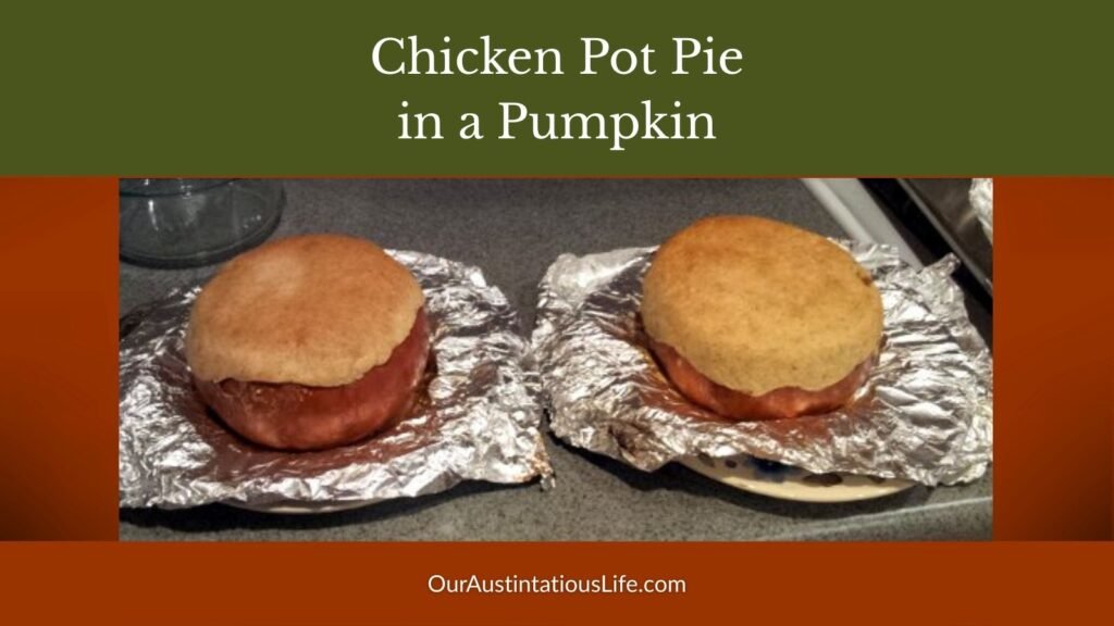 Chicken pot pie baked inside a whole pumpkin with a golden crust on top