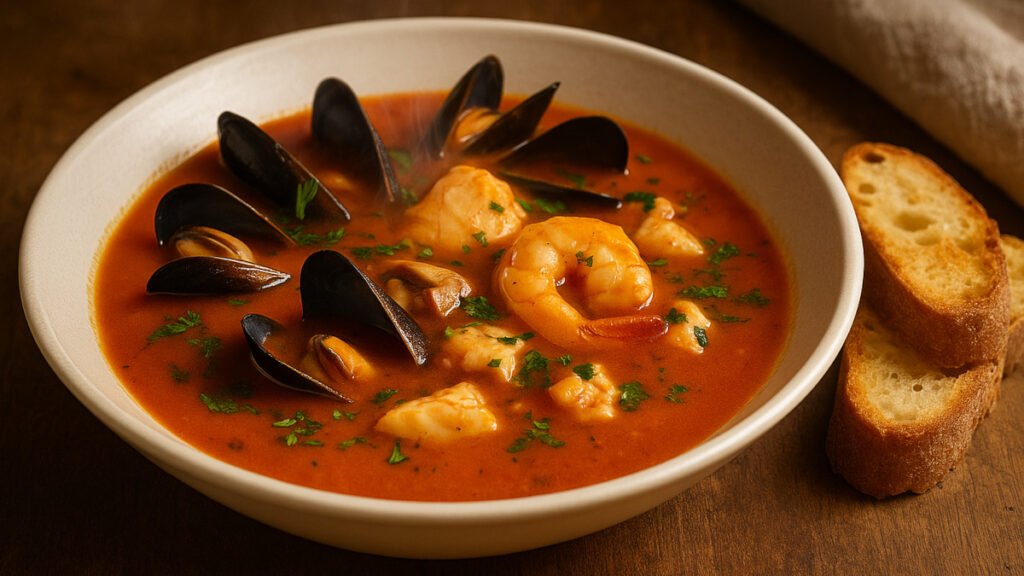 A steaming bowl of cioppino seafood stew filled with mussels, shrimp, and fish in a rich tomato broth, garnished with parsley and served with slices of crusty bread on a rustic wooden table.