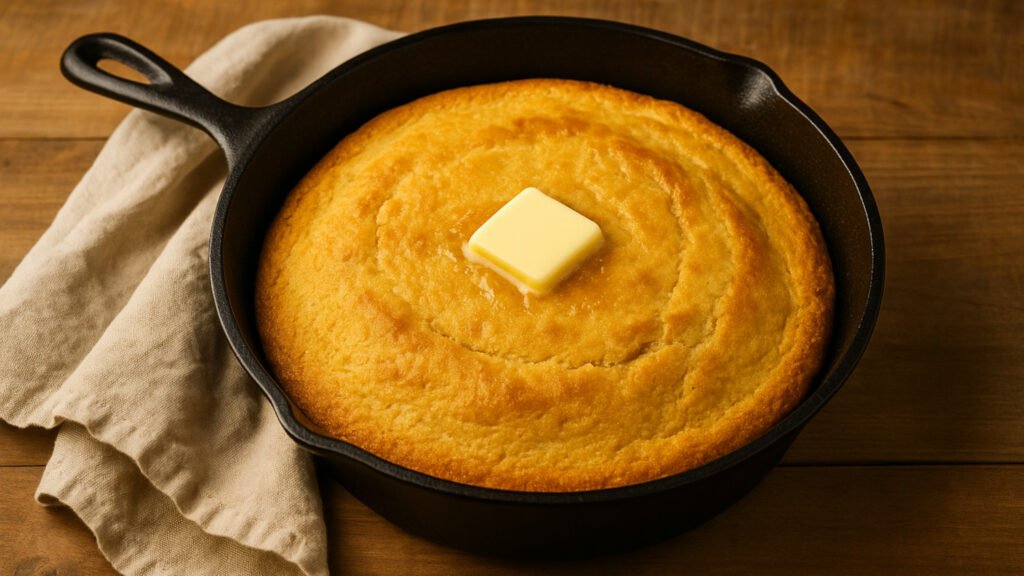 A golden cornbread baked in a cast-iron skillet with a pat of butter melting on top, resting on a rustic wooden table with a linen towel.