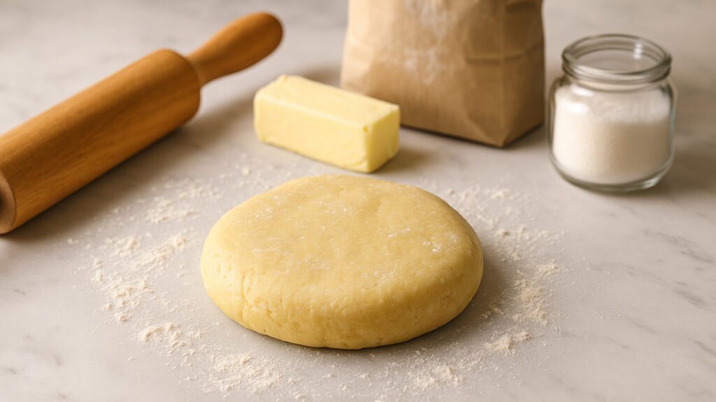 A round disk of traditional pâte brisée dough resting on a floured marble countertop with a rolling pin, butter, flour, and sugar in warm natural light.