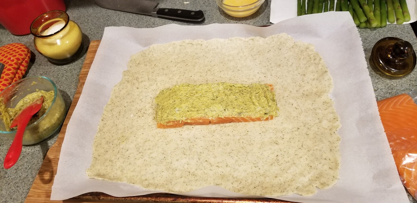 Asparagus cream sauce on the salmon filet.