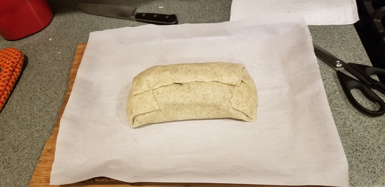 Pate brisee pastry wrapped around the salmon and asparagus.