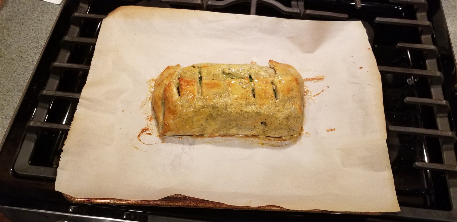 Egg wash on the salmon en croute after 10 minutes in the oven.