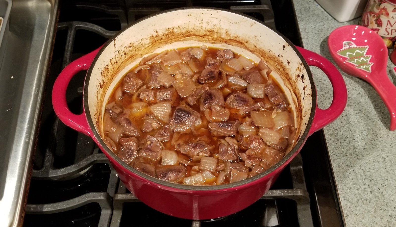 This is what it looks like after 2 hours in the oven braising.