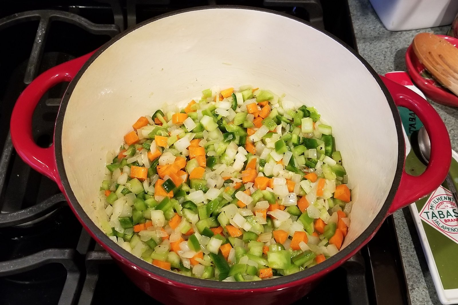 Vegetable cooking for black eyed pea soup.