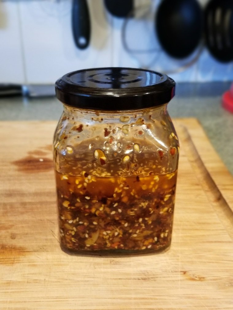 A jar of spicy Asian chili oil