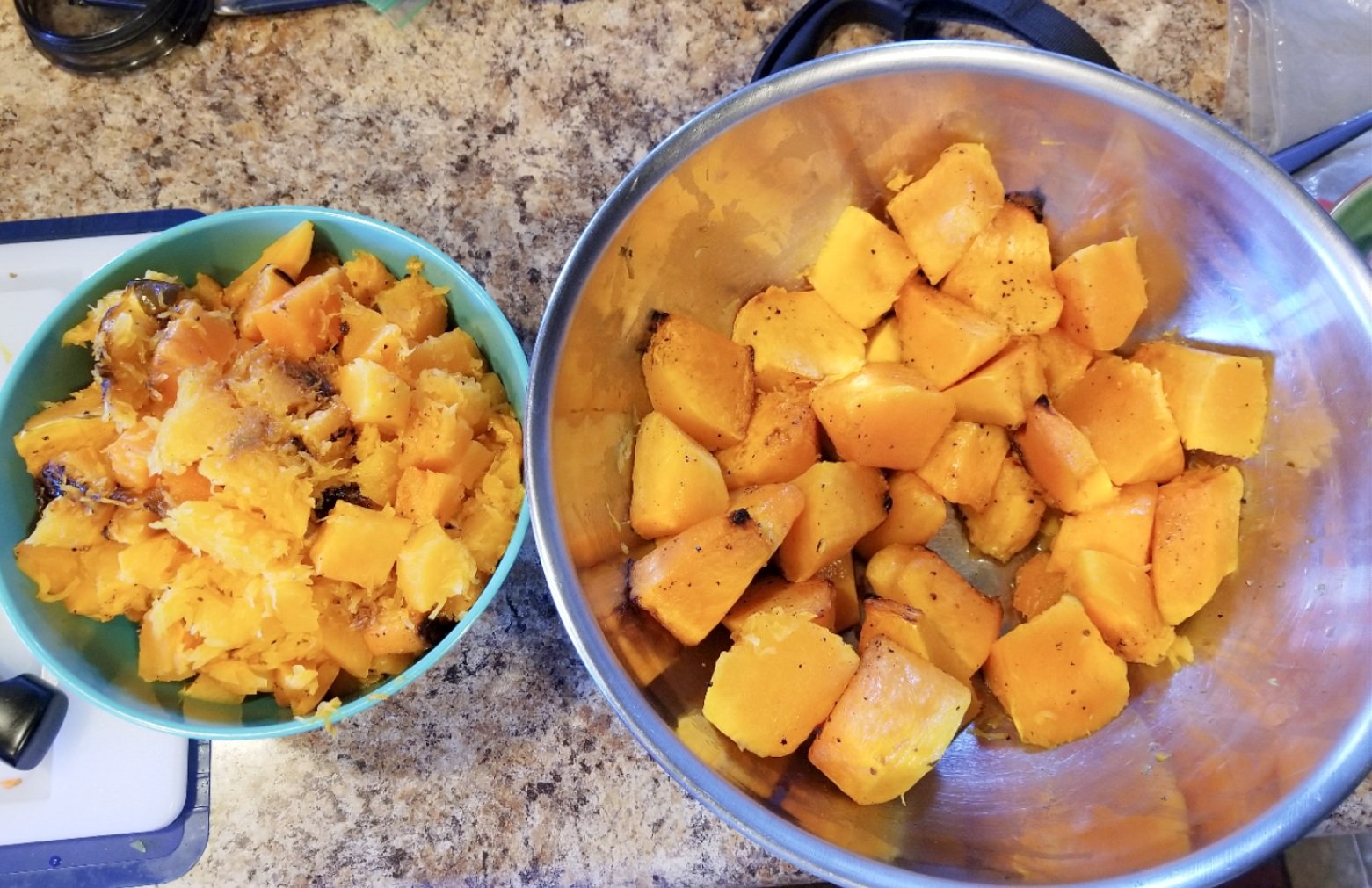 Here are the pumpkins after we skinned them. The small bowl on the left is the pumpkin that we cut into smaller pieces for the soup.