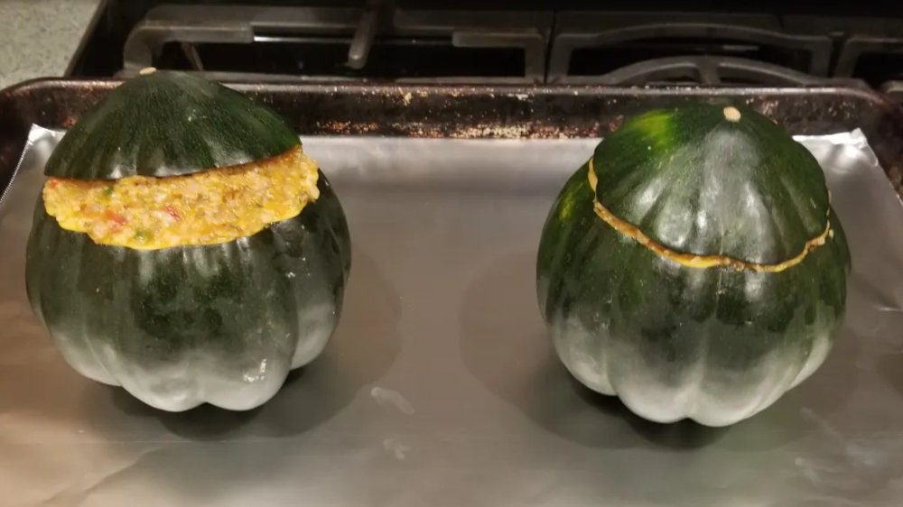 A picture of our stuffed Acorn Squash just out of the oven.