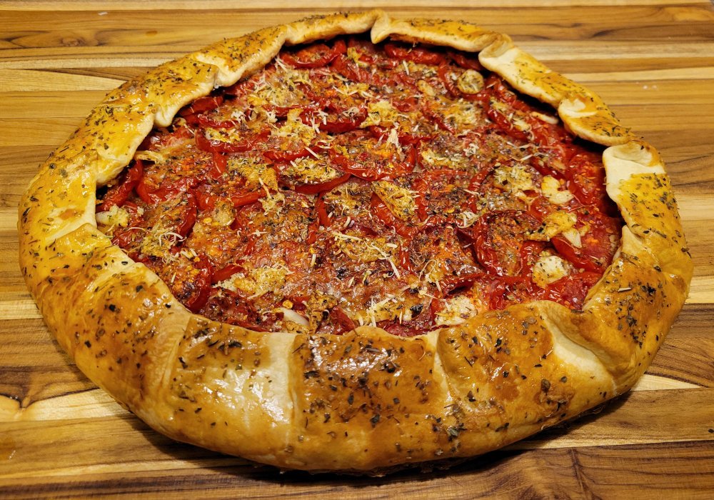 Fully baked Campari Tomato Galette with golden crust and roasted tomatoes.
